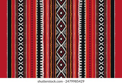 Patrón sin fisuras de ikat étnico en tribal. Estampado de ornamento étnico geométrico. Estilo de patrón Ikat. Diseño para el fondo, alfombra, Fondo de pantalla, ropa, envoltura, batik, tela, Vector, ilustración, bordado.