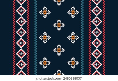 Patrón sin fisuras de ikat étnico en tribal. Estampado de adorno étnico con motivos geométricos florales. Estilo de patrón Ikat. Diseño para el fondo, alfombra, Fondo de pantalla, ropa, envoltura, batik, tela, Vector, ilustración.