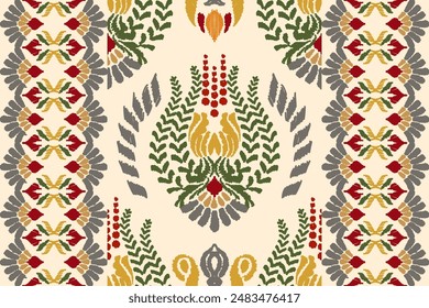 Ethnic ikat seamless pattern in tribal. Aztec geometric ethnic ornament print. Ikat pattern style. Design for background, wallpaper, illustration, fabric, clothing, carpet, textile, batik, embroidery.