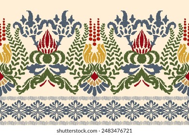 Patrón sin fisuras de ikat étnico en tribal. Estampado de ornamento étnico geométrico azteca. Estilo de patrón Ikat. Diseño de fondo, Fondo de pantalla, ilustración, tela, ropa, alfombra, textil, batik, bordado.