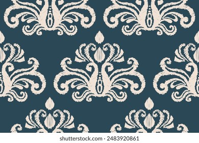 Patrón sin fisuras de ikat étnico en tribal. Estampado de ornamento étnico geométrico azteca. Estilo de patrón Ikat. Diseño de fondo, Fondo de pantalla, ilustración, tela, ropa, alfombra, textil, batik, bordado.
