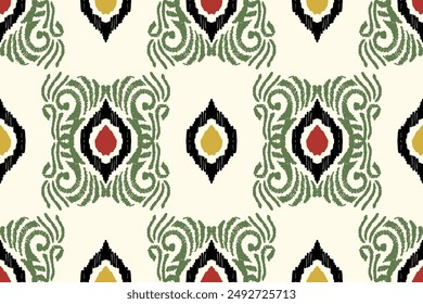 Patrón sin fisuras de ikat étnico en tribal. Estampado de ornamento étnico geométrico azteca. Estilo de patrón Ikat. Diseño de fondo, Fondo de pantalla, ilustración, tela, ropa, alfombra, textil, batik, bordado.