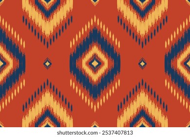Ethnic Ikat seamless pattern in tribal. orange background, folk embroidery, American, mexican for fabric, carpet, textile, rug, clothing, batik, motif.