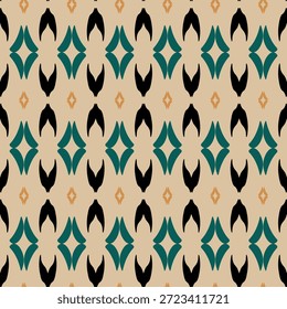 Patrón de Vector sin costuras ikat étnico. Fondo tribal geométrico Abstractas con Formas de diamante verde azulado y negro en beige