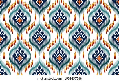 Ethnic Ikat Tribal Seamless Pattern. Indian Aztec Fabric Carpet Ornament Native Boho Chevron Textile. Geometric African American Oriental Trend Vector Illustrations. Embroidery Style Background.