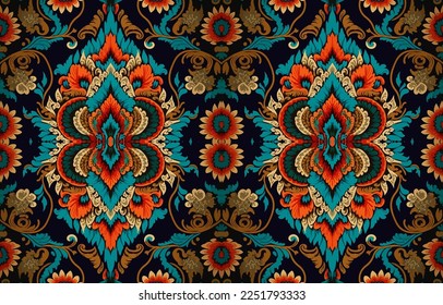 Ethnic Ikat tropical seamless pattern. Abstract traditional folk antique graphic fabric line. Texture textile print design background vector illustration ornate elegant luxury vintage retro style.