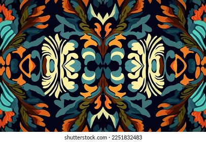 Ethnic Ikat tropical seamless pattern. Abstract traditional folk antique graphic fabric line. Texture textile print design background vector illustration ornate elegant luxury vintage retro style.