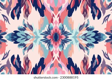 Ethnic Ikat tropical seamless pattern pastel tone. Abstract traditional folk ancient antique tribal ethnic graphic line. Ornate elegant luxury vintage retro style. Texture textile fabric tropical ikat