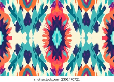 Ethnic Ikat tropical seamless pattern. Perfect for summer fashion or home decor. Abstract traditional folk ancient antique tribal ethnic graphic line. Ornate elegant luxury vintage retro style.