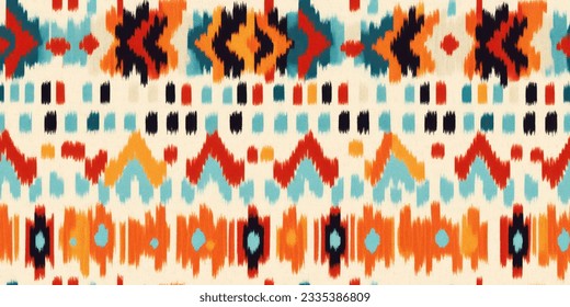 Ethnische Ikat tropische nahtlose Muster Pastellton. Abstrakte traditionelle volkstümliche grafische Stofflinie.  Tribal-Stickereistich 