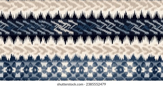 Tono de color pastel de tónica tropical Ikat inmaculada. Resumen de la línea tradicional de tela gráfica folk antigua.Trazado tribal de bordado de costilla ikat patrón de repetición.