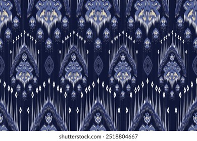 Ethnic Ikat tropical seamless pattern blue tone. Abstract traditional folk antique graphic fabric line. tribal embroidery stitch ikat repeat pattern, clothing, tropical pattern, American pattern