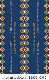 Padrão de faixa vertical inspirado em ikat étnico em tons de azul, ouro e vermelho. Perfeito para estampas de moda, projetos têxteis e fundos.