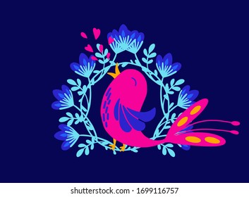 Ethnic illustration singing bird and flower wreath with hearts in purple and blue colors