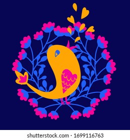 Ethnic illustration singing bird and flower wreath with hearts in yellow and blue colors