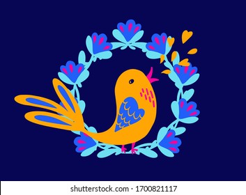 Ethnic illustration singing bird with hearts in floral garland folklore ornament blue and yellow colors