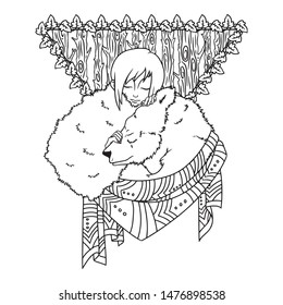 Ethnic illustration, sleeping girl and bear. Use for printing, posters, t-shirt design, cards. Vector illustration isolated on white background. Illustration for coloring book.
