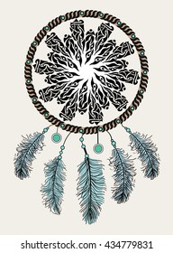 Ethnic illustration, tribal amulet. American Indians traditional symbol. Vector design element. Indian Dream catcher.