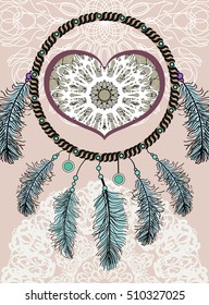 Ethnic illustration, tribal amulet. American Indians traditional symbol. Boho vector design element. Indian Dream catcher.