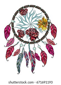 Ethnic illustration of tribal amulet. American Indians traditional symbol. Bohemian design element. Vector Dream catcher.