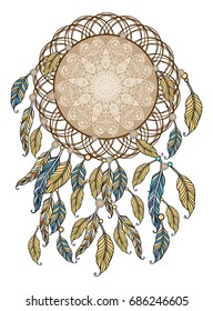 Ethnic illustration, tribal amulet. American Indians traditional symbol. Bohemian design element. Vector Dream catcher.