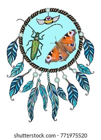 Ethnic illustration of tribal amulet. American Indians traditional symbol. Bohemian design element- beetle, butterfly. Vector Dream catcher.