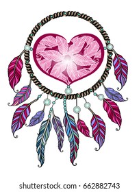 Ethnic illustration, tribal amulet. Boho vector heart. Indian Dream catcher.