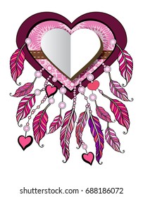 Ethnic illustration, tribal amulet. Boho vector heart. Indian Dream catcher.