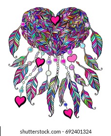 Ethnic illustration, tribal amulet. Boho vector heart. Indian Dream catcher.