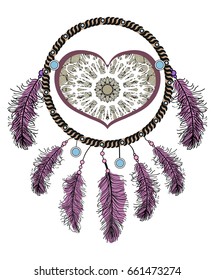 Ethnic illustration, tribal amulet. Heart  symbol. Vector feather design element. Indian Dream catcher.