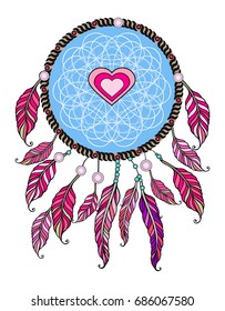 Ethnic illustration, tribal amulet. Heart symbol. Vector feather design element. Indian Dream catcher.
