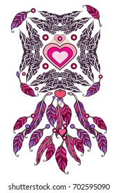 Ethnic illustration, tribal amulet. Heart symbol. Vector feather design element. Indian Dream catcher.