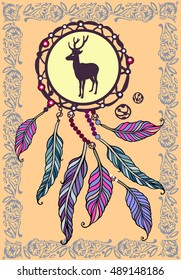 Ethnic illustration, tribal reindeer amulet. American Indians traditional symbol. Vector design deer element. Indian Dream catcher.