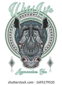 ETHNIC ILLUSTRATION VECTOR  RHINOCEROS T SHIRT PRINT DESIGN WITH TYPOGRAPHY DESIGN RHINO