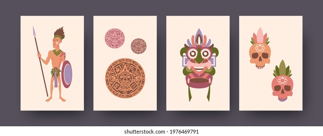 Ethnic illustrations set of Mayan culture elements in pastel style. Tribesmen crossing spears, ancient mask, pyramids, skulls. Cultural and historical concept for banner designs.