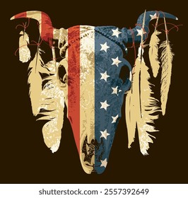 ethnic indian, american bull or cow skull with USA flag and feathers on horns. vector illustration, logo or symbol. poster, card, invitation design