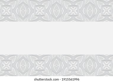 Ethnic Indian convex volumetric wallpaper from a 3D pattern. White embossed background of geometric shapes in doodling style. Horizontal inserts with artistic stylish ornament.