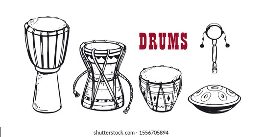 Ethnic indian drums, damaru and  hang drum. National musical instruments