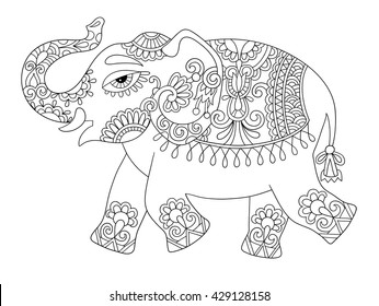 ethnic indian elephant line original drawing, adults coloring book page, black and white vector illustration