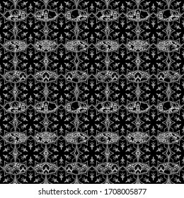 Ethnic Indian folklore. Stylized silhouette with stars, snowflakes and grids. Vector abstract seamless patchwork with black and white contoured ornaments, outline geometric Moroccan seamless pattern.