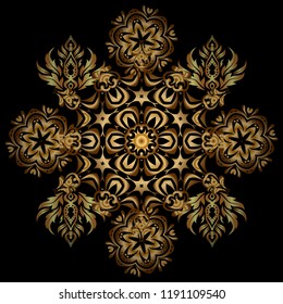 Ethnic Indian folklore. Vector abstract seamless patchwork background with black and golden ornaments, geometric Moroccan seamless pattern. Stylized golden stars, snowflakes and grids.