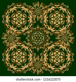 Ethnic Indian folklore. Vector abstract seamless patchwork background with green and golden ornaments, geometric Moroccan seamless pattern. Stylized golden stars, snowflakes and grids.