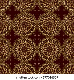 Ethnic Indian folklore. Vector abstract seamless patchwork background with brown and golden ornaments, geometric Moroccan seamless pattern. Stylized golden stars, snowflakes and grids.