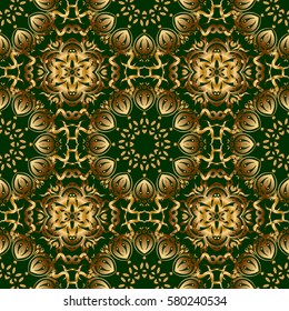 Ethnic Indian folklore. Vector abstract seamless patchwork background with green and golden ornaments, geometric Moroccan seamless pattern. Stylized golden stars, snowflakes and grids.