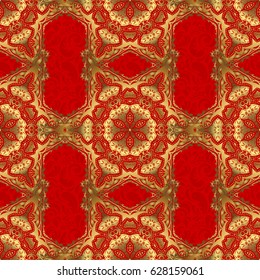 Ethnic Indian folklore. Vector abstract seamless patchwork background with red and golden ornaments, geometric Moroccan seamless pattern. Stylized golden stars, snowflakes and grids.