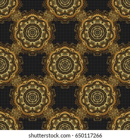 Ethnic Indian folklore. Vector abstract seamless patchwork background with black and golden ornaments, geometric Moroccan seamless pattern. Stylized golden stars, snowflakes and grids.