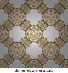 Ethnic Indian folklore. Vector abstract seamless patchwork background with gray and golden ornaments, geometric Moroccan seamless pattern. Stylized golden stars, snowflakes and grids.