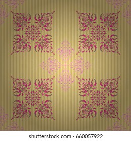 Ethnic Indian folklore. Vector abstract seamless patchwork background with beige, yellow and pink ornaments, geometric Moroccan seamless pattern. Stylized stars, snowflakes and grids.