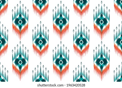 Ethnic Indian ikat seamless pattern design. Aztec fabric carpet mandala native African American textile decoration wallpaper. Geometric style texture vector illustrations background.