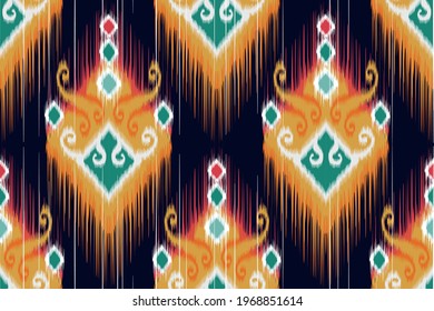 Diseño de patrones sin fisuras de los ikat de origen indio. Alfombra de tela azteca mandala adorno nado boho nativo rococo tribal chevron textil decoración de papel pintado. Ilustraciones vectoriales geométricas afroamericanas.